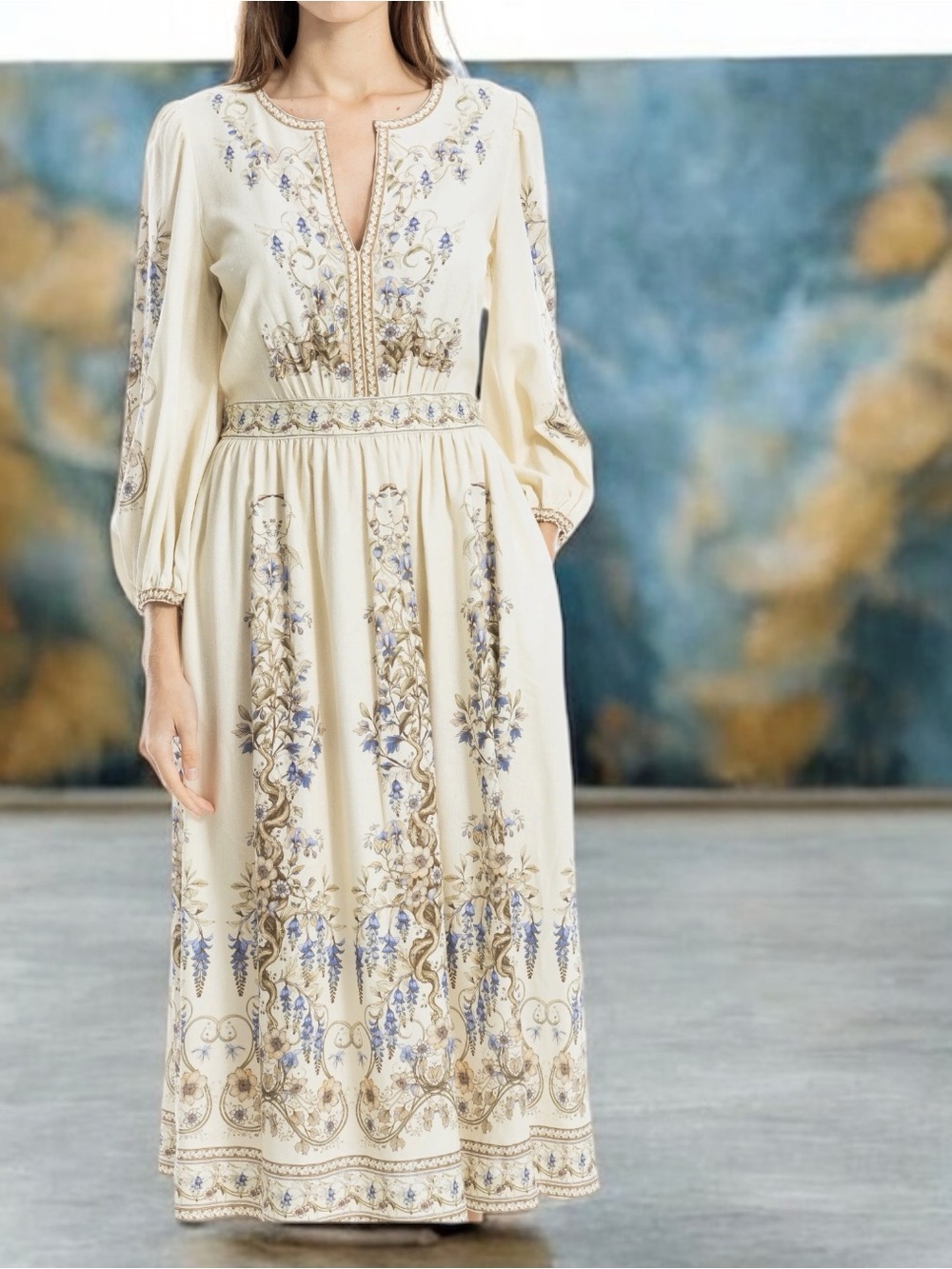 Floral Print Balloon Sleeve Maxi linen Dress long sleeve